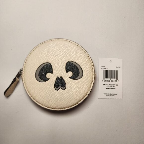 NWT Coach CW935 Skull Halloween Coin Case Pouch Change Purse Chalk - Picture 1 of 4
